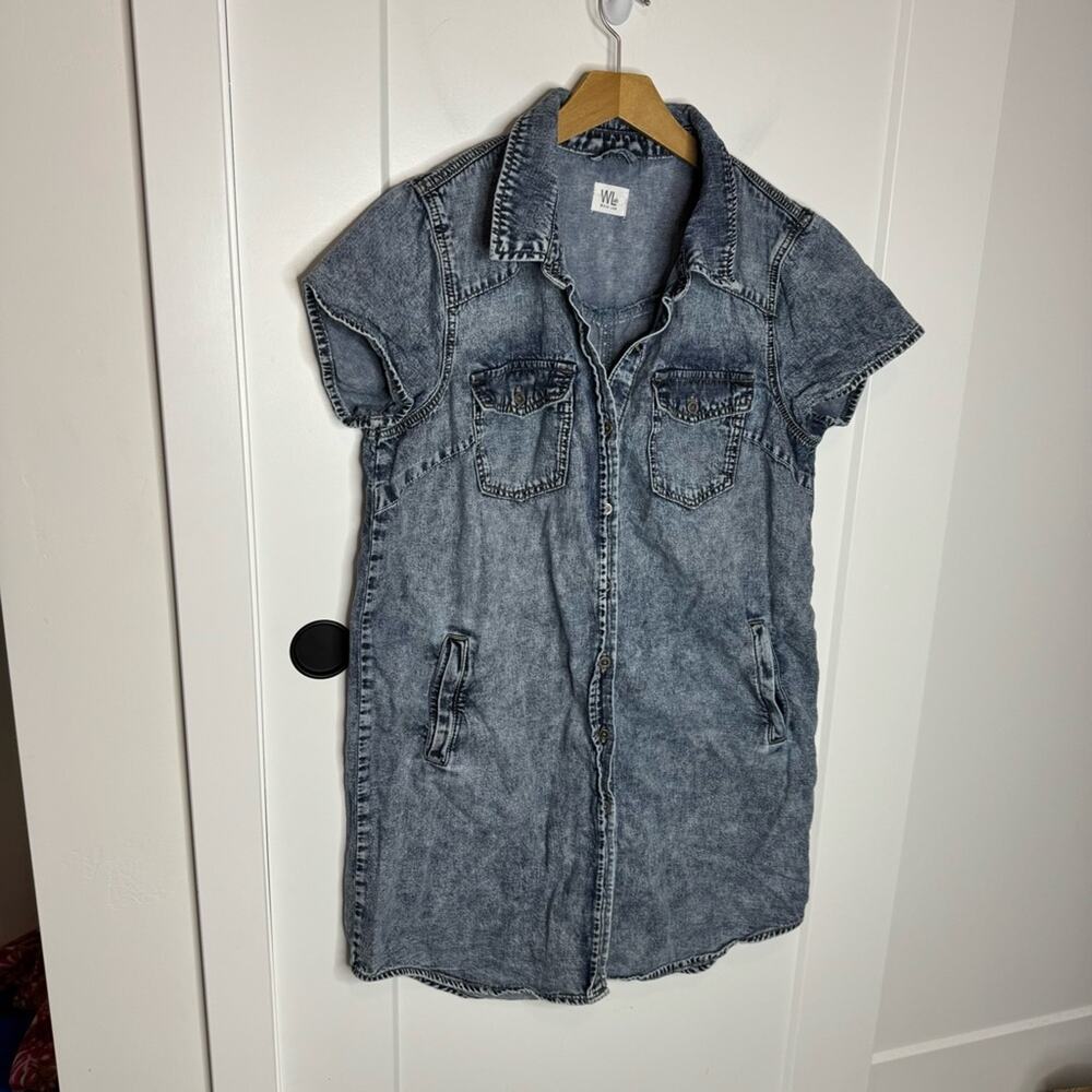 Wash Lab Acid Wash Denim Button Down Shirt Dress Short Sleeve Size Large